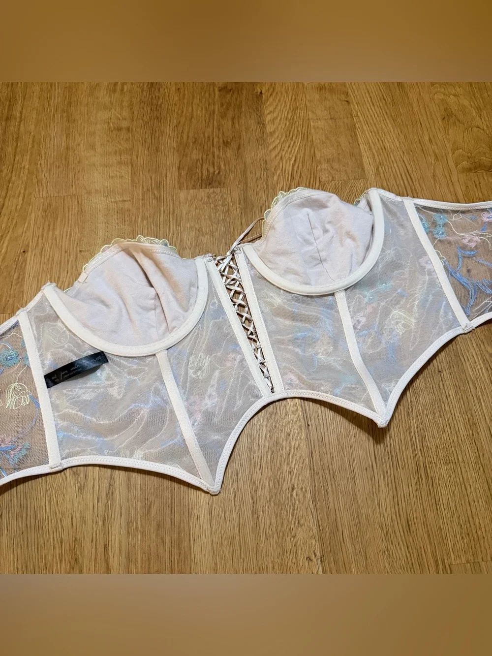 Urban Outfitters Out From Under XL White Mesh Floral Embroidered Corset Bustier